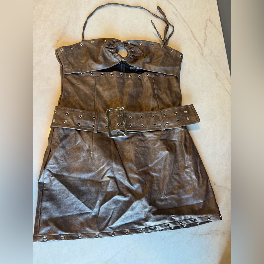 Fashion Nova Brown Faux Leather Studded Mini Dress with Belt